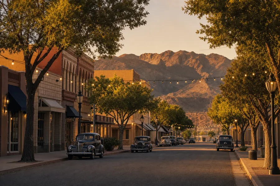 Historic small-town main street in Boulder City at golden hour