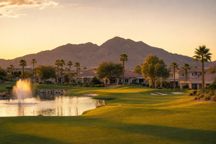 Golf course community in Henderson at golden hour with lake and mountains
